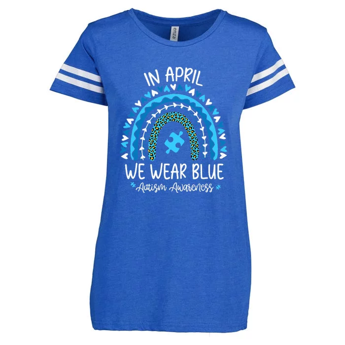 In April We Wear Blue Rainbow Autism Awareness Month Enza Ladies Jersey Football T-Shirt