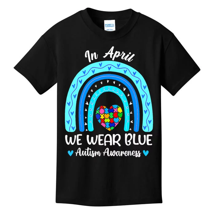 In April We Wear Blue Autism Awareness Month Puzzle Rainbow Kids T-Shirt