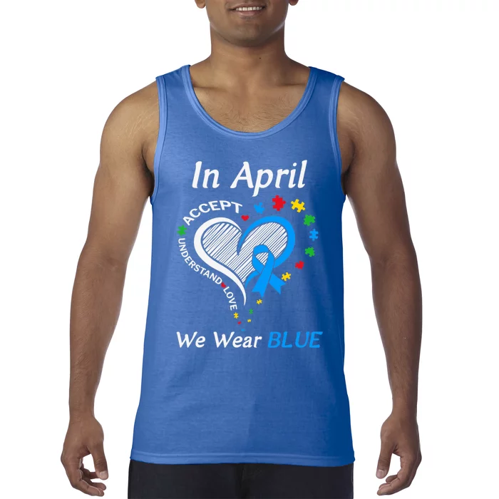 In April We Wear Blue Autism Awareness Month Puzzle Ribbon Gift Tank Top