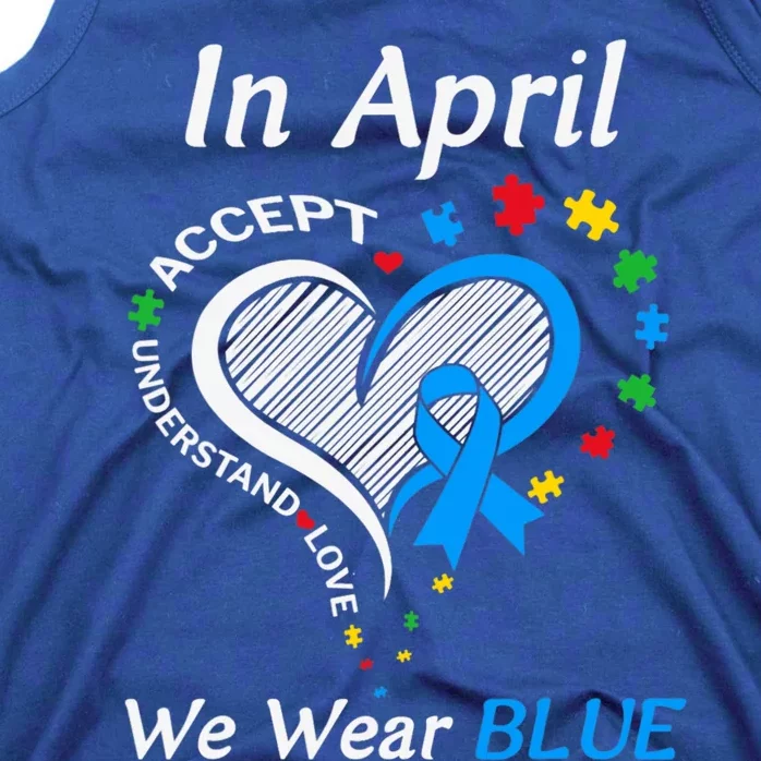 In April We Wear Blue Autism Awareness Month Puzzle Ribbon Gift Tank Top