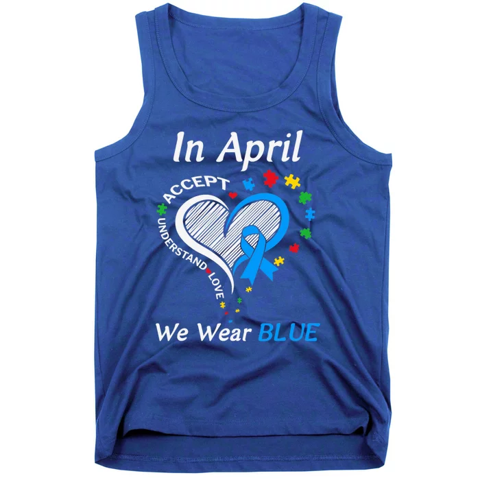 In April We Wear Blue Autism Awareness Month Puzzle Ribbon Gift Tank Top