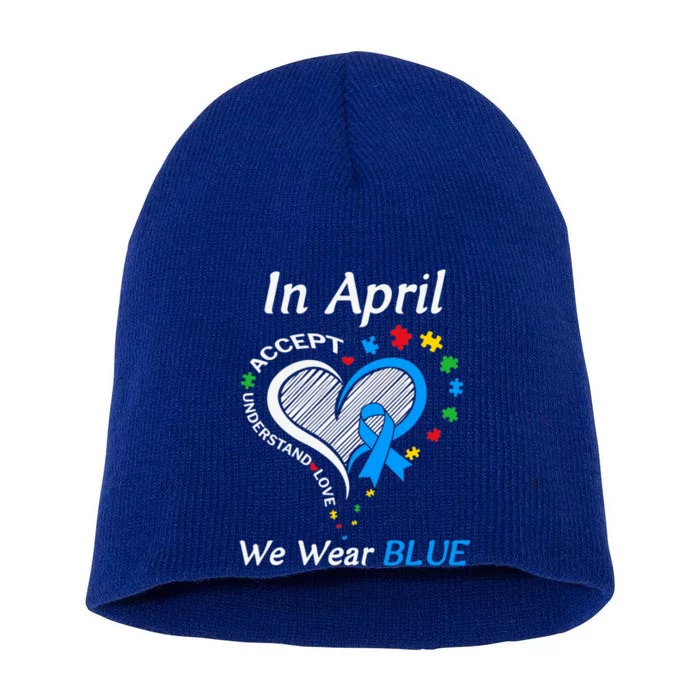 In April We Wear Blue Autism Awareness Month Puzzle Ribbon Gift Short Acrylic Beanie