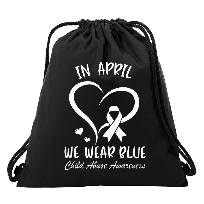 In April We Wear Blue Child Abuse Prevention Awareness Heart Drawstring Bag