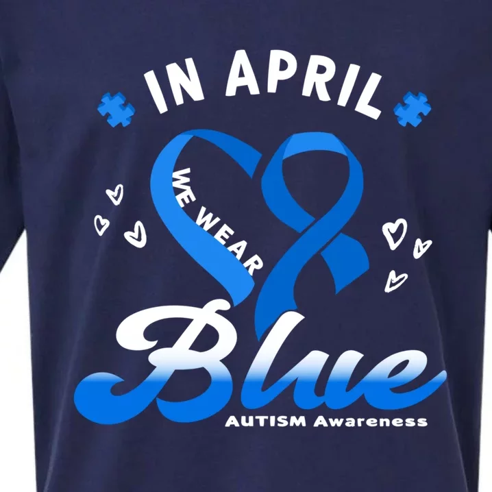 In April We Wear Blue Ribbon Heart Puzzle Autism Awareness Gift Sueded Cloud Jersey T-Shirt