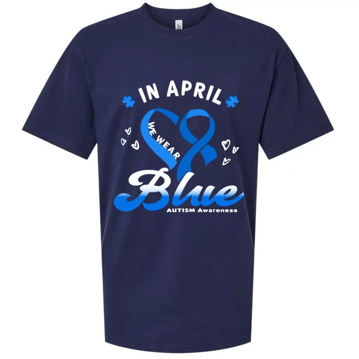 In April We Wear Blue Ribbon Heart Puzzle Autism Awareness Gift Sueded Cloud Jersey T-Shirt