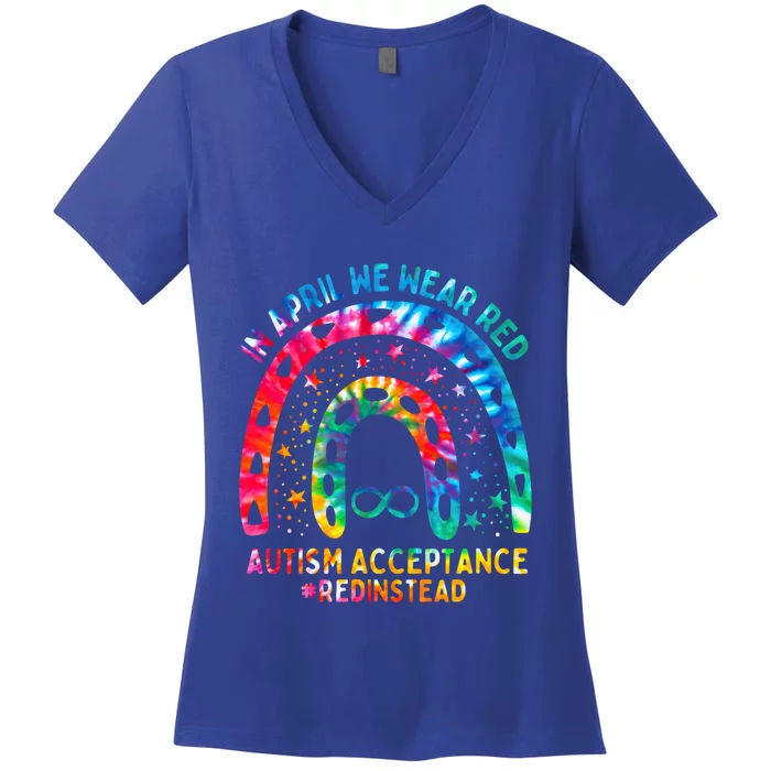 In April We Wear Red Autism Awareness Acceptance Red Instead Gift Women's V-Neck T-Shirt