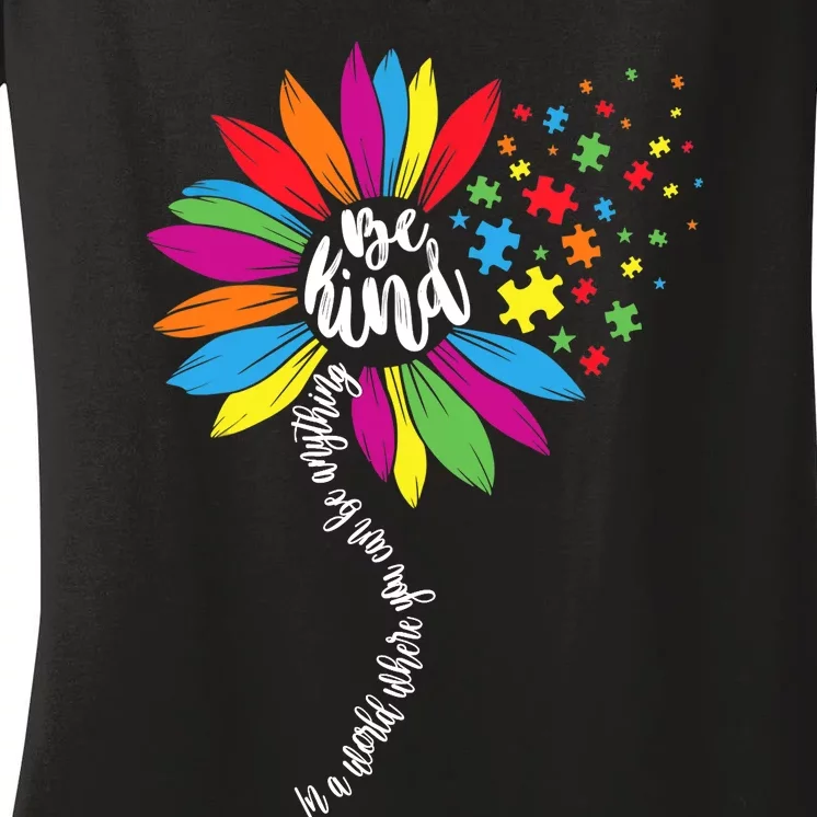 In A World You Can Sunflower Autism Awareness Be Kind Puzzle Women's V-Neck T-Shirt