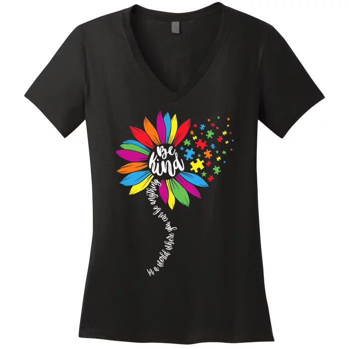 In A World You Can Sunflower Autism Awareness Be Kind Puzzle Women's V-Neck T-Shirt