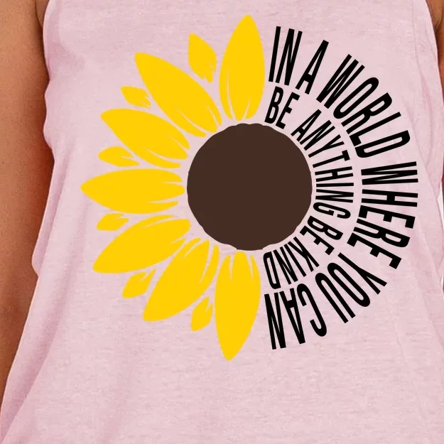 In A World Where You Can Be Anything Be Kind Sunflower Anti Bullying Women's Knotted Racerback Tank