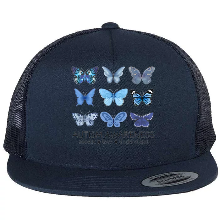 In April We Wear Blue Butterfly Autism Mental Health Flat Bill Trucker Hat