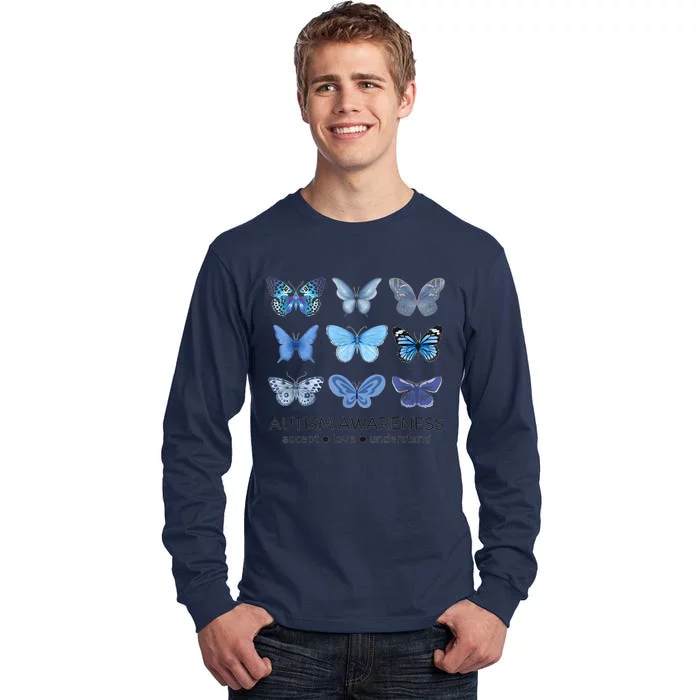 In April We Wear Blue Butterfly Autism Mental Health Tall Long Sleeve T-Shirt