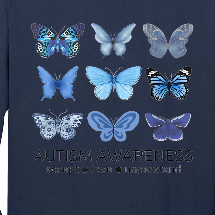 In April We Wear Blue Butterfly Autism Mental Health Tall Long Sleeve T-Shirt