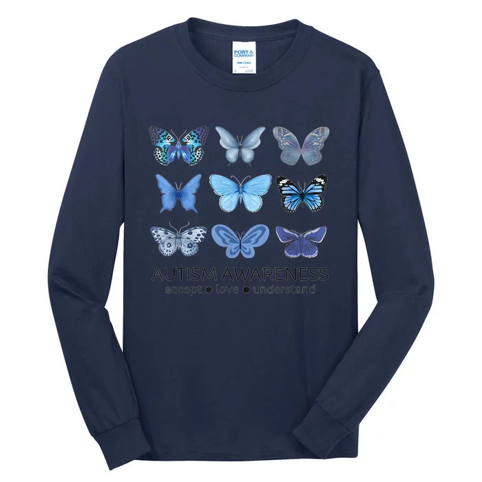 In April We Wear Blue Butterfly Autism Mental Health Tall Long Sleeve T-Shirt