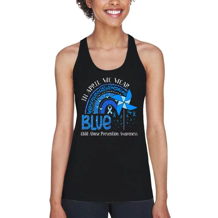 In April We Wear Blue For Child Abuse Prevention Awarenes Gifts Women's Racerback Tank