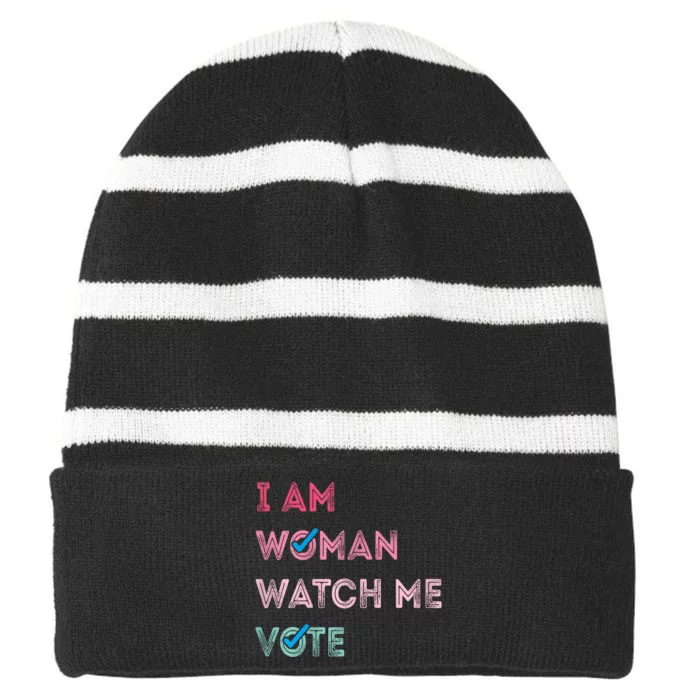 I Am Woman Watch Me Vote Striped Beanie with Solid Band