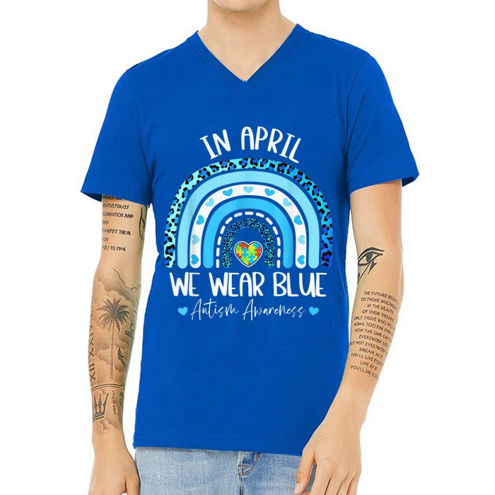 In April We Wear Blues Autism Awareness Month Puzzle Rainbow V-Neck T-Shirt