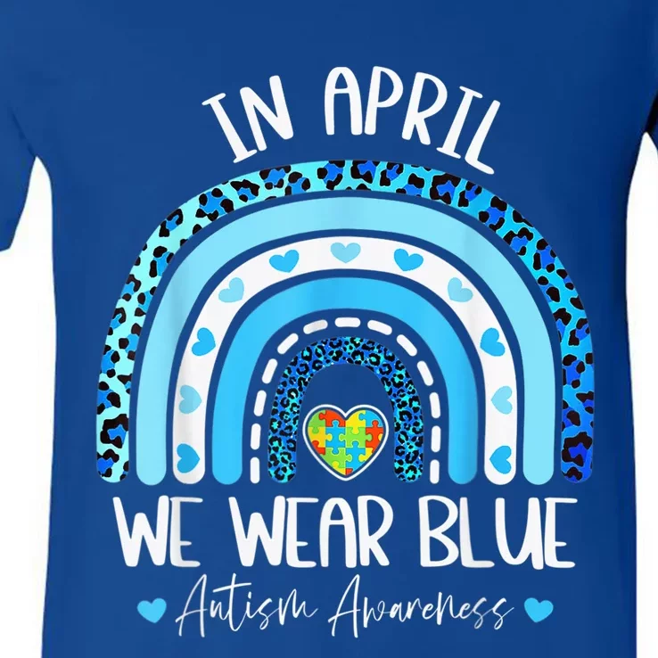 In April We Wear Blues Autism Awareness Month Puzzle Rainbow V-Neck T-Shirt