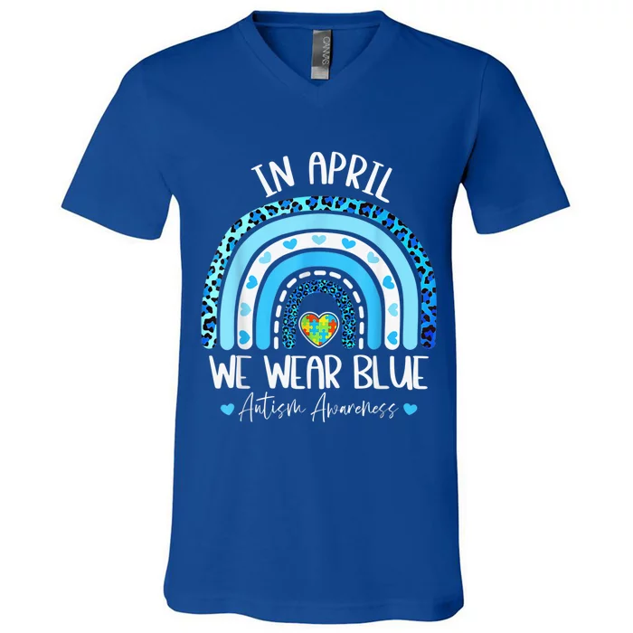 In April We Wear Blues Autism Awareness Month Puzzle Rainbow V-Neck T-Shirt