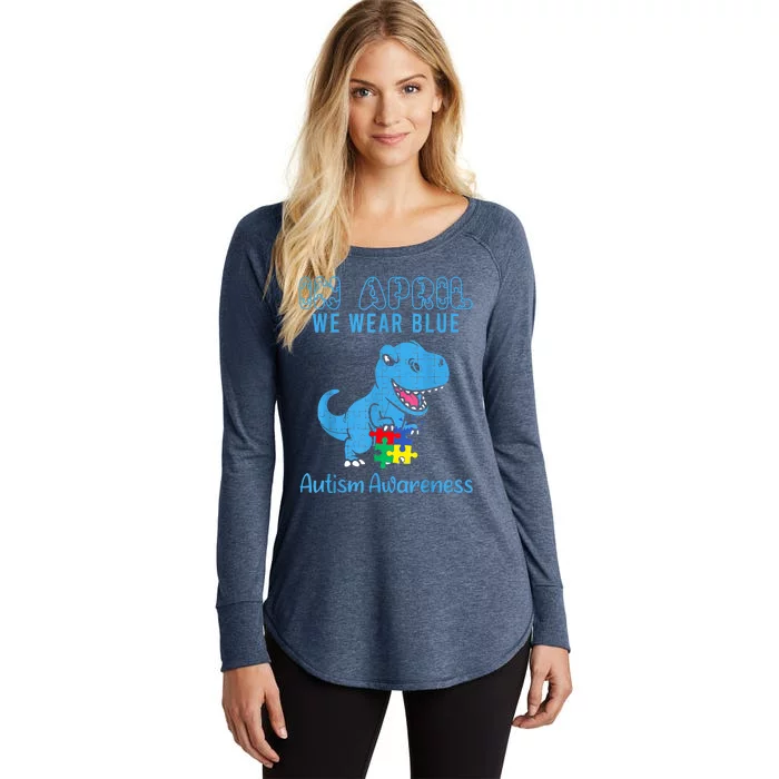 In April We Wear Blue Autism Awareness Month Dinosaur Women's Perfect Tri Tunic Long Sleeve Shirt