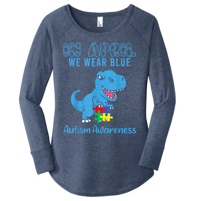 In April We Wear Blue Autism Awareness Month Dinosaur Women's Perfect Tri Tunic Long Sleeve Shirt