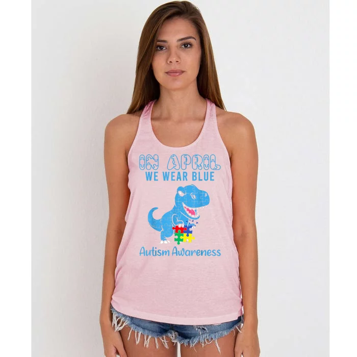 In April We Wear Blue Autism Awareness Month Dinosaur Women's Knotted Racerback Tank