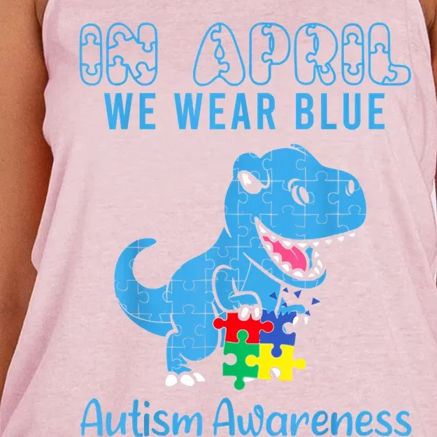 In April We Wear Blue Autism Awareness Month Dinosaur Women's Knotted Racerback Tank