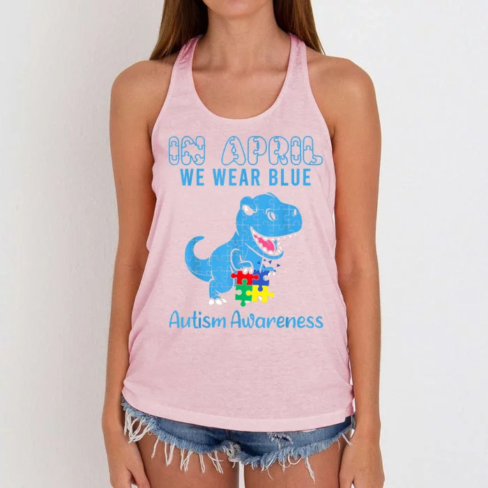 In April We Wear Blue Autism Awareness Month Dinosaur Women's Knotted Racerback Tank