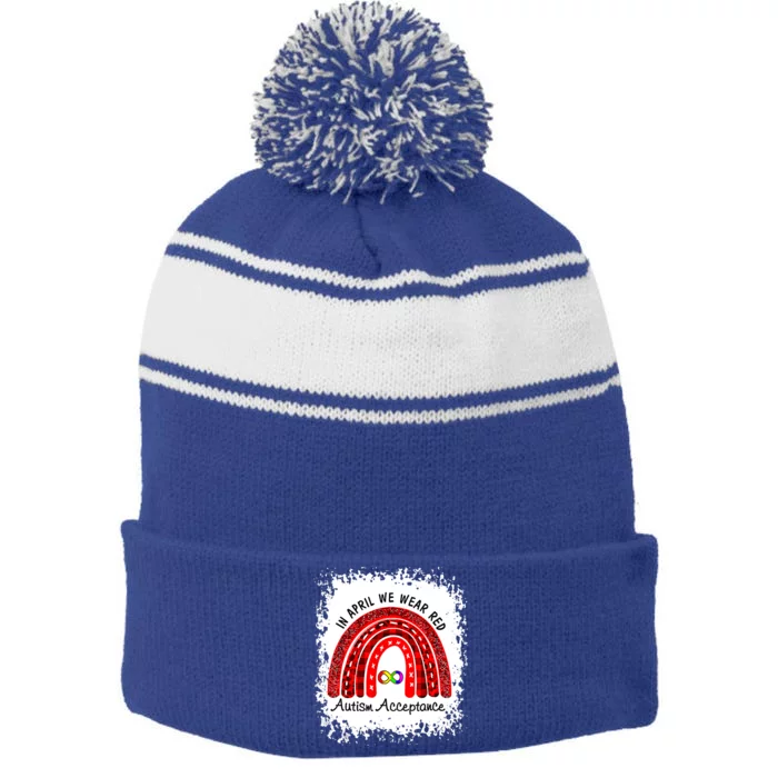 In April We Wear Red Instead Autism People Acceptance Gift Stripe Pom Pom Beanie