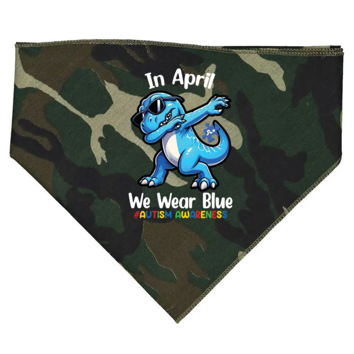 In April We Wear Blue Autism Awareness Month Dinosaur Trex Cool Gift USA-Made Doggie Bandana