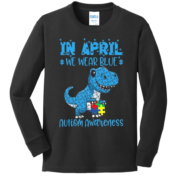 In April We Wear Blue ASD Awareness Dinosaur Kids Long Sleeve Shirt