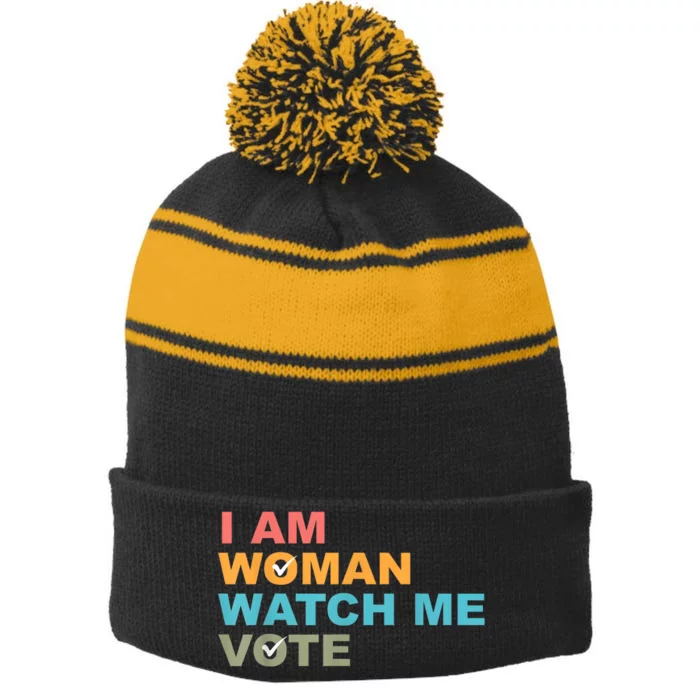 I Am Woman Watch Me Vote Stripe Pom Pom Beanie