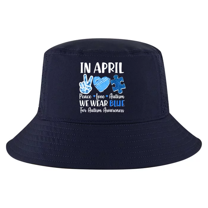 In April We Wear Blue Peace Love Autism Awareness Cool Comfort Performance Bucket Hat