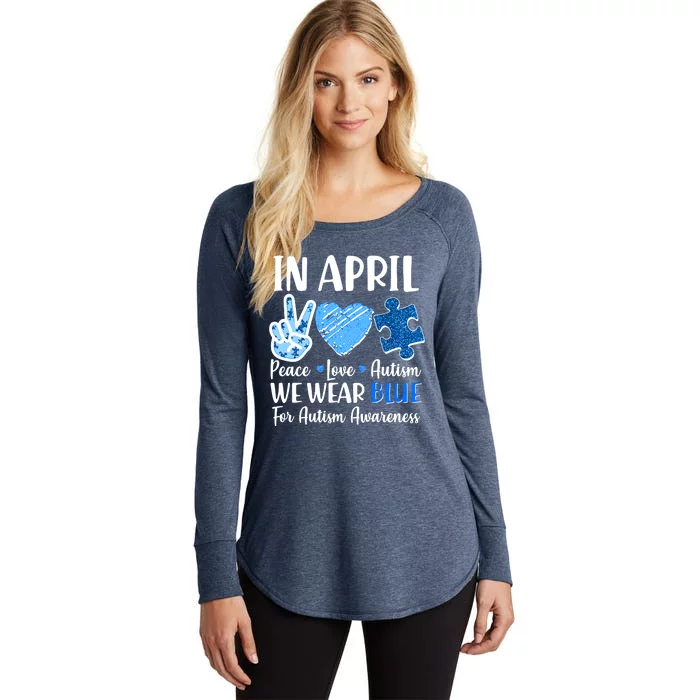 In April We Wear Blue Peace Love Autism Awareness Women's Perfect Tri Tunic Long Sleeve Shirt