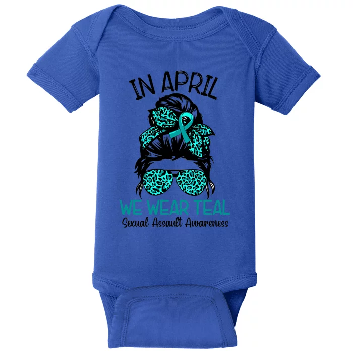 In April We Wear Teal Sexual Assault Awareness Messy Bun Great Gift Baby Bodysuit