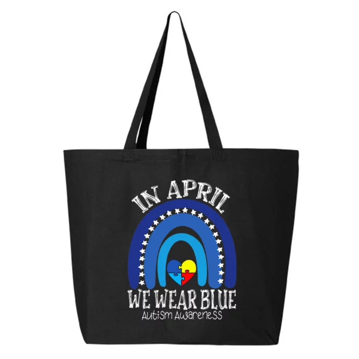 In April We Wear Blue Autism Awareness Puzzle Rainbow Heart 25L Jumbo Tote