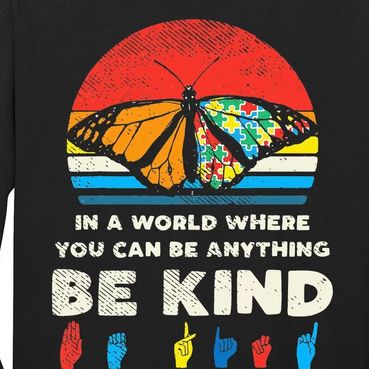 In A World Be Kind Monarch Butterfly Retro Autism Awareness Tall Long Sleeve T-Shirt