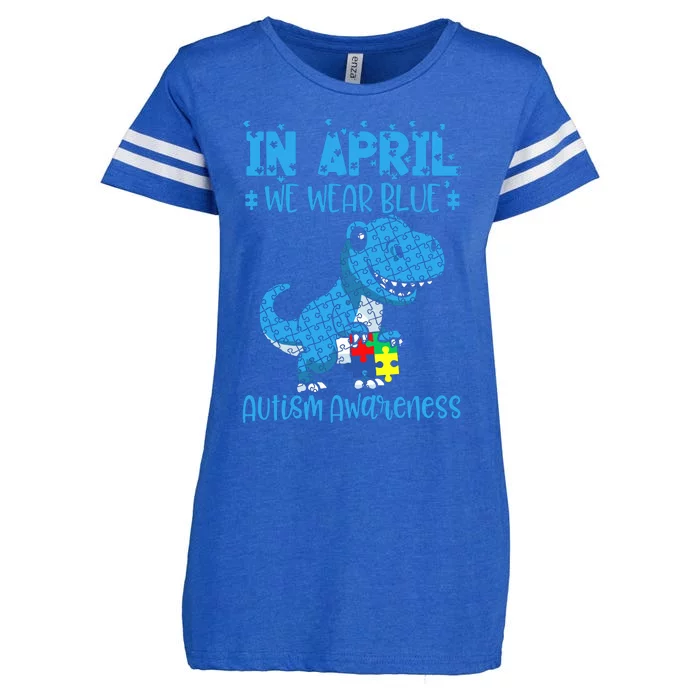 In April We Wear Blue Autism Awareness Month Dinosaur Trex Enza Ladies Jersey Football T-Shirt