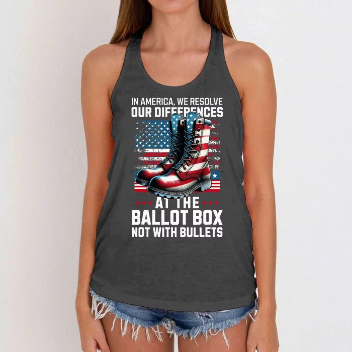 In America We Resolve Our Differences At The Ballot Box Women's Knotted Racerback Tank