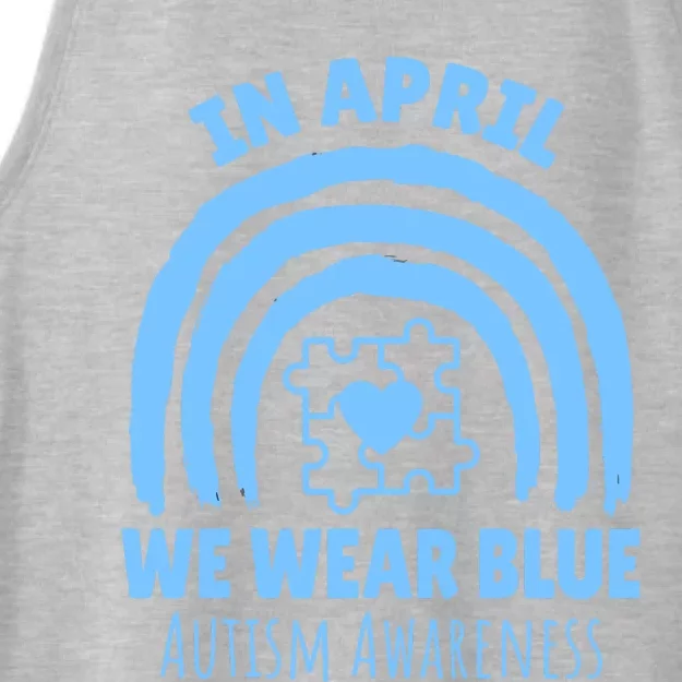 In April We Wear Blue Autism Awareness Month Puzzle Ladies Tri-Blend Wicking Tank