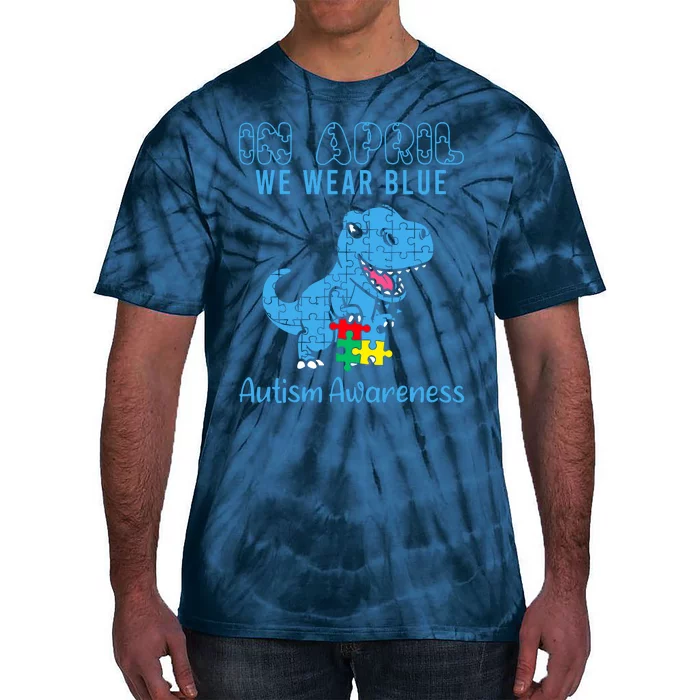 In April We Wear Blue Autism Awareness Month Dinosaur Trex Tie-Dye T-Shirt