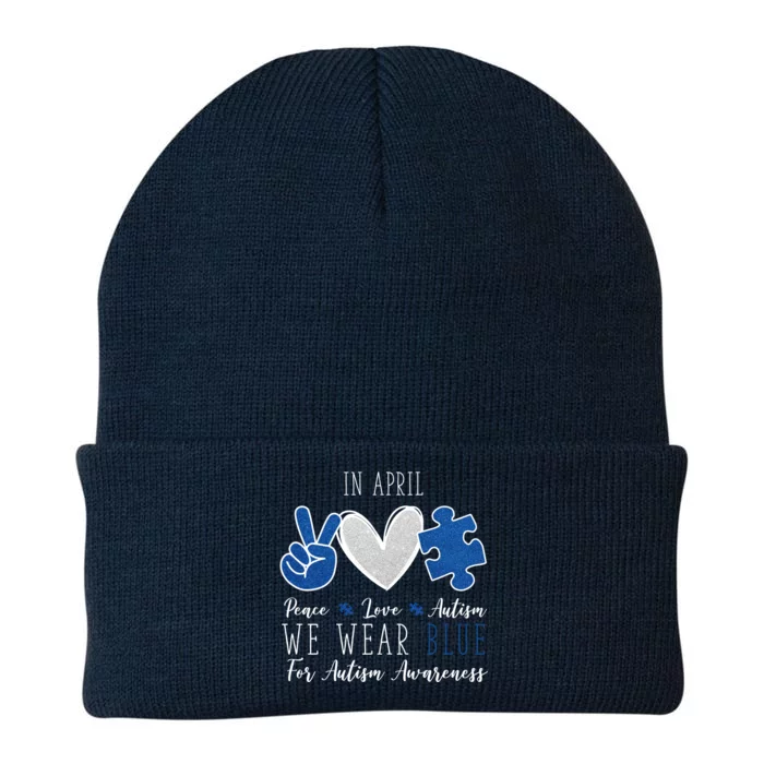 In April We Wear Blue For Autism Peace Love Knit Cap Winter Beanie