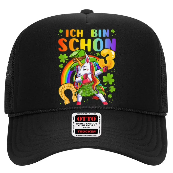 Irish birthday  3 years old unicorn in german High Crown Mesh Trucker Hat