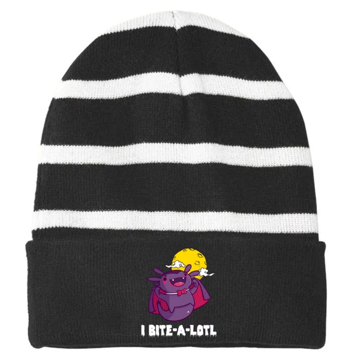 I Bite A Lot Axolotl Funny Halloween Vampire Striped Beanie with Solid Band