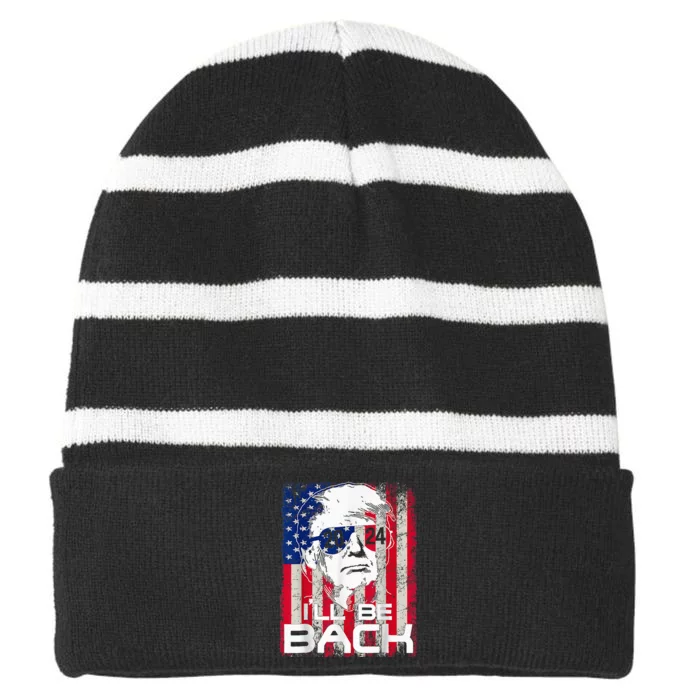 Ill Be Back Trump 2024 Vintage Donald Trump 4th Of July Striped Beanie with Solid Band