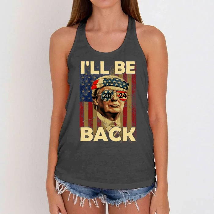 I'll Be Back Trump 2024 Vintage Donald Trump American Flag Women's Knotted Racerback Tank