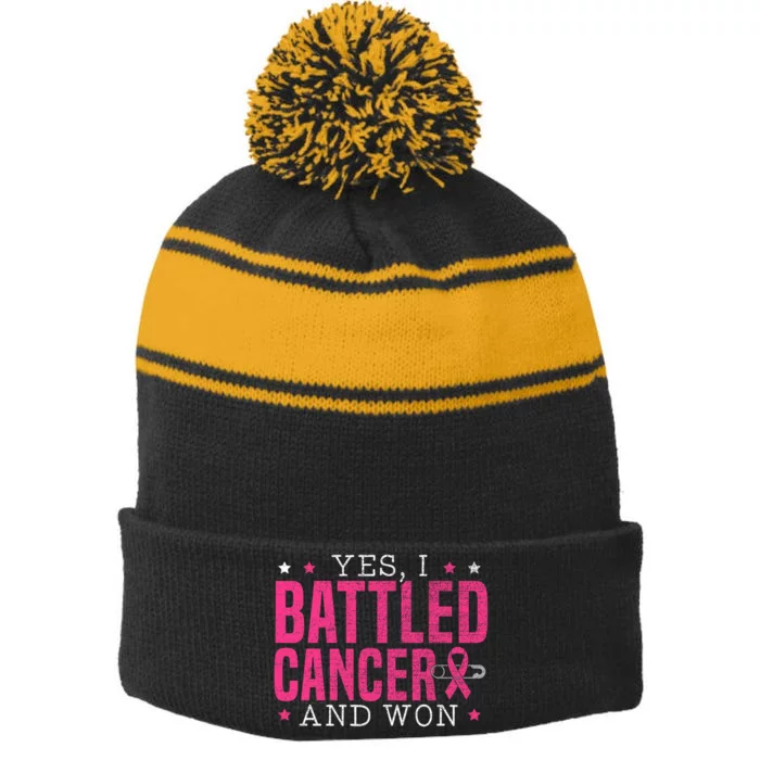 I Battled Cancer And Won Breast Cancer Survivor Stripe Pom Pom Beanie