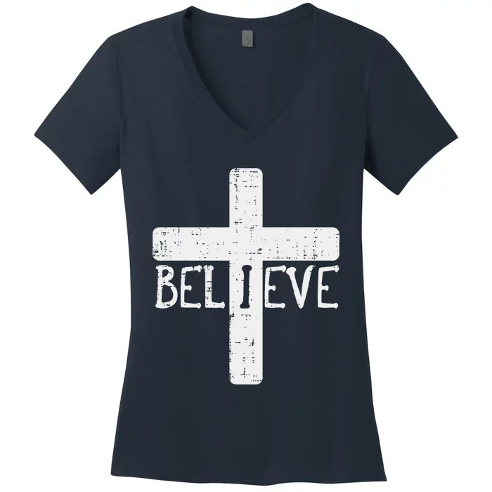 I Believe Cross God Jesus Faith Christian Women's V-Neck T-Shirt