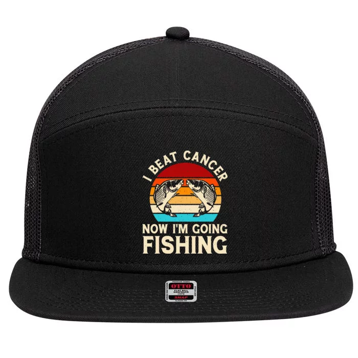 I Beat Cancer Now IM Going Fishing Vintage Sunset Survivor 7 Panel Mesh Trucker Snapback Hat