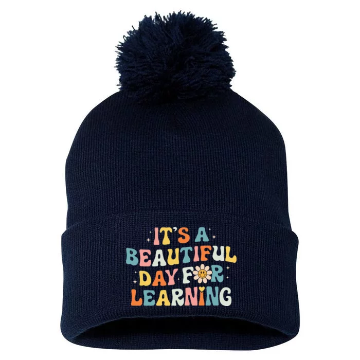 ItS Beautiful Day For Learning Retro Teacher Pom Pom 12in Knit Beanie