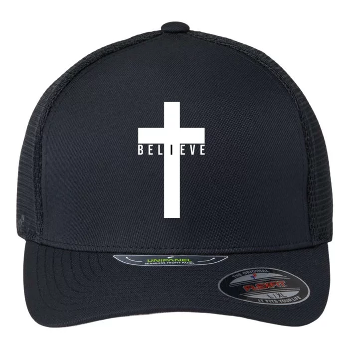 I Believe Faith Christian Cross Flexfit Unipanel Trucker Cap